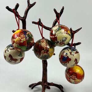 Set Of 6 Vintage-Style Christmas Paper Mache Ornaments 2.5" Santa Angels Sleigh